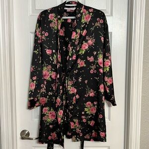Black satin wrap robe with roses